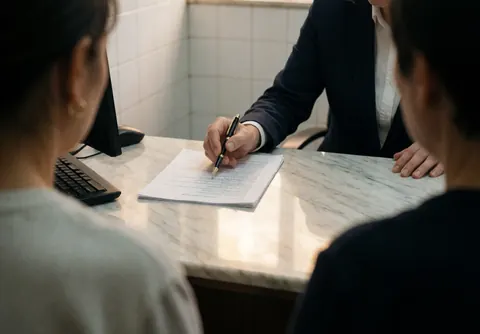An insurance professional signs a document with two clients at a marble desk in an office setting.