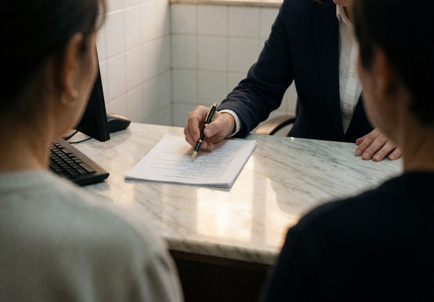 An insurance professional signs a document with two clients at a marble desk in an office setting.
