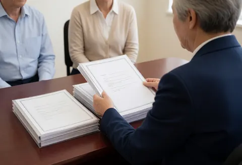 An insurance professional reviews paperwork on a wooden desk in a white-walled office, illustrating business services.