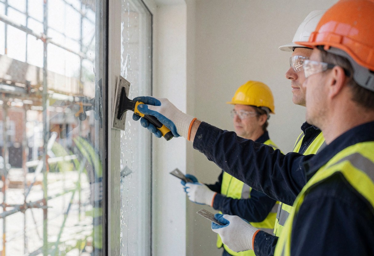 Workers wearing hard hats and safety vests scrape paint from a new window at a construction site with scaffolding in the background.
