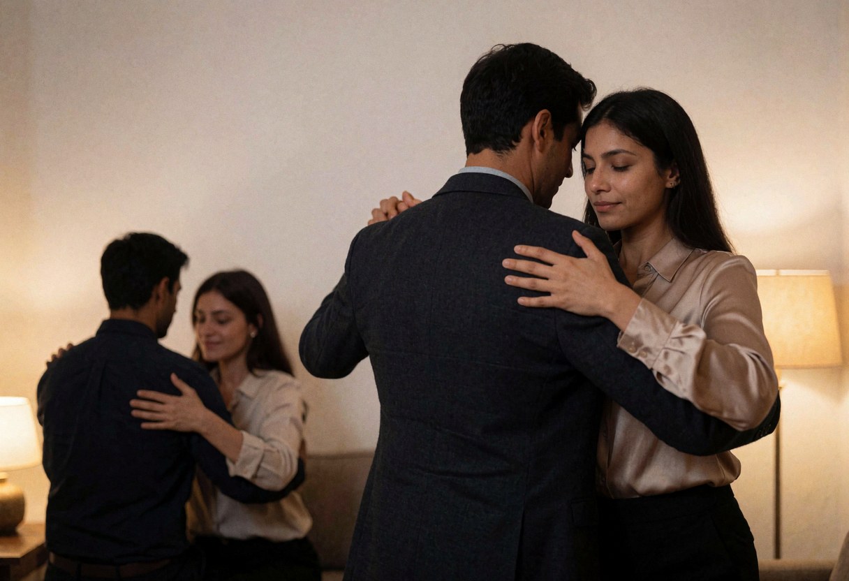A couple performing a tango dance in a room with white walls and warm ambient lighting, showcasing their posture and movement.