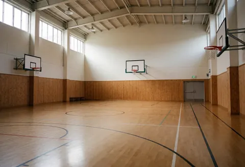 Interior gym featuring polished wood floors and basketball hoops, suitable for tennis court installers.