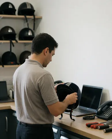 A professional inspects an equestrian helmet in a tack room with helmet shelves and tools on the table.