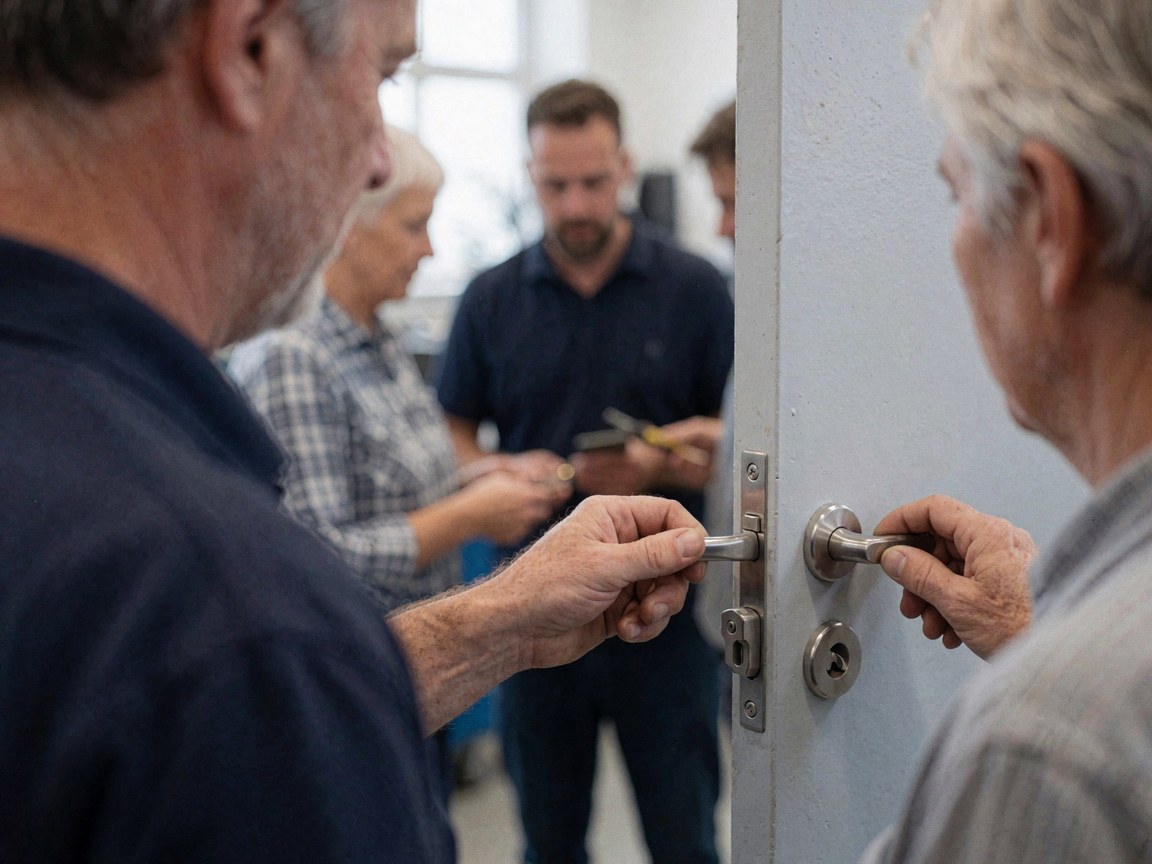 Technician adjusting a metal lock on a door with a client watching in a light gray walled repair shop.