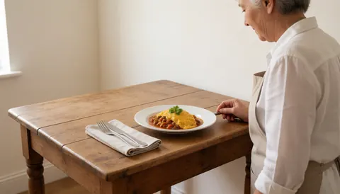 A woman serves a meal on a rustic wooden table in a bed and breakfast with warm white walls.