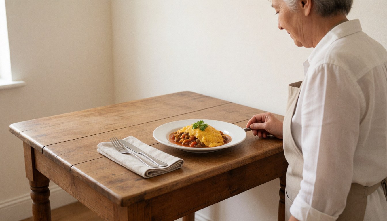 A woman serves a meal on a rustic wooden table in a bed and breakfast with warm white walls.