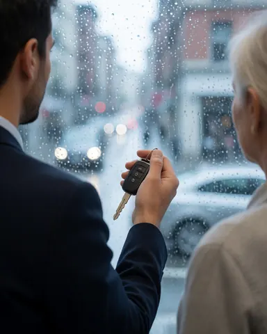 A person holds a car key while gazing out a window at a rainy city street, conveying peace of mind for auto insurance.