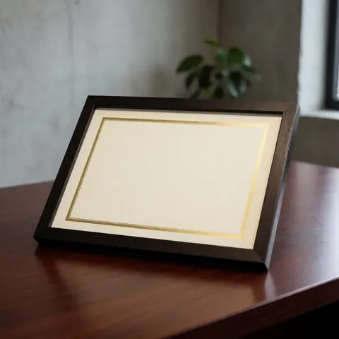 Gold framed certificate resting on a polished wooden desk with a concrete wall and plant in the background