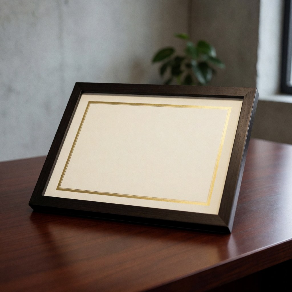 Gold framed certificate resting on a polished wooden desk with a concrete wall and plant in the background