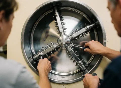 Two technicians use tools to adjust the locking mechanism of a metal safe against a beige wall.