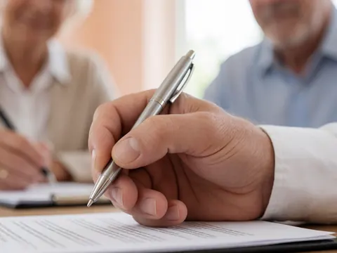 Close-up of a hand using a silver pen to sign a paper document on a desk with light walls and natural lighting