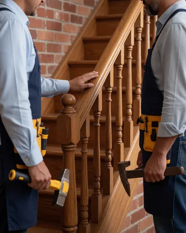 Two carpenters inspect a polished wooden staircase with tools against a red brick wall, showing professional repair service.