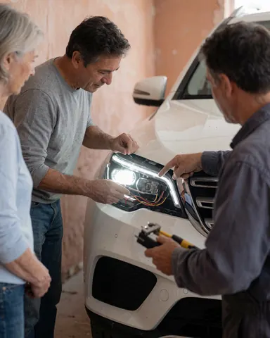A mechanic installs an LED headlight on a white vehicle while a customer watches in a workshop with light plaster walls.