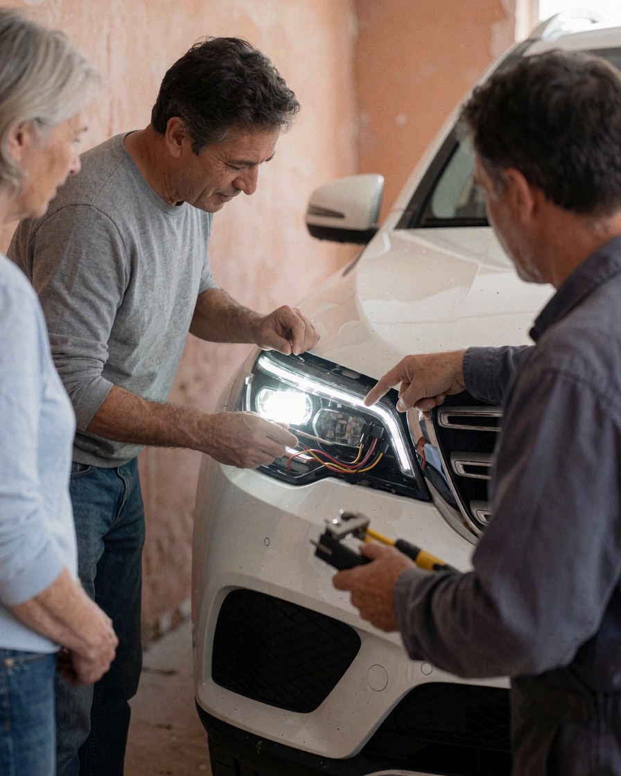 A mechanic installs an LED headlight on a white vehicle while a customer watches in a workshop with light plaster walls.