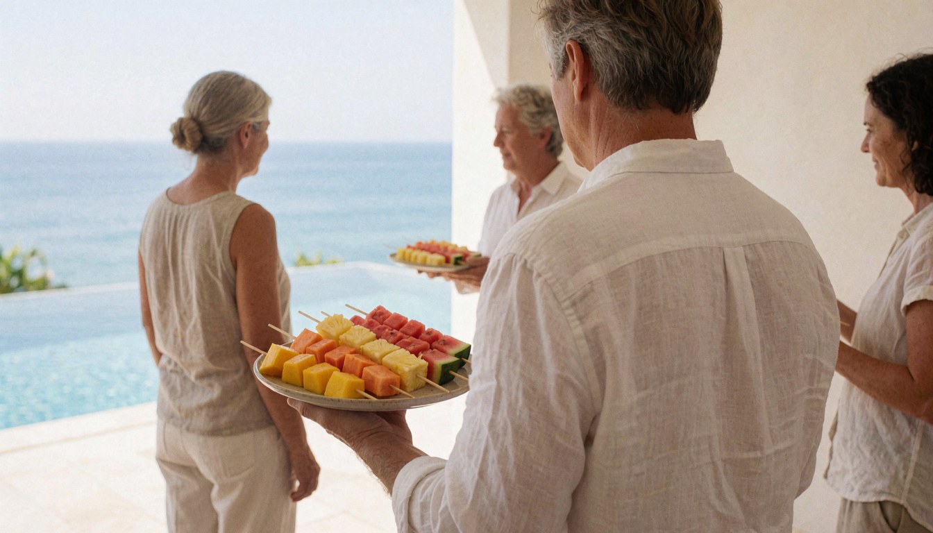 Staff serving tropical fruits on sticks by a sea-view swimming pool at a tourist resort.