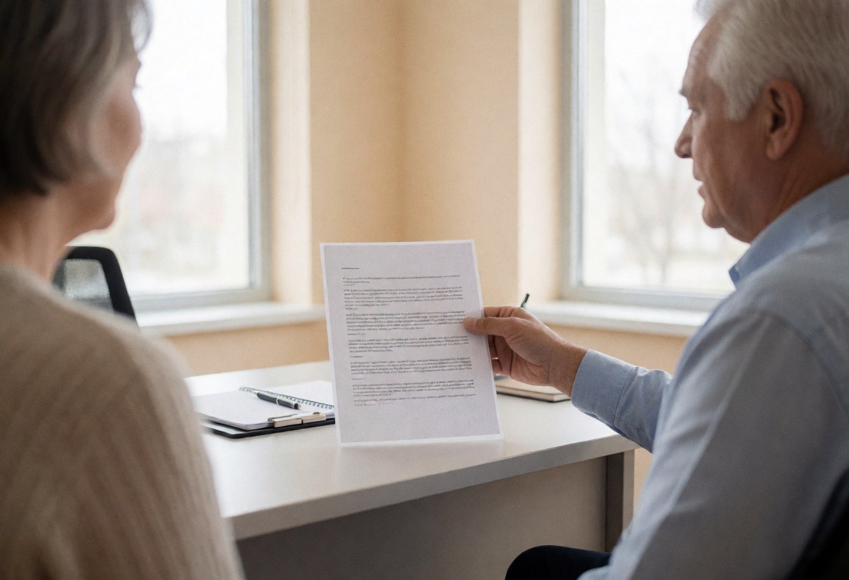 An insurance professional explains a document to a client in a bright office with beige walls and windows.