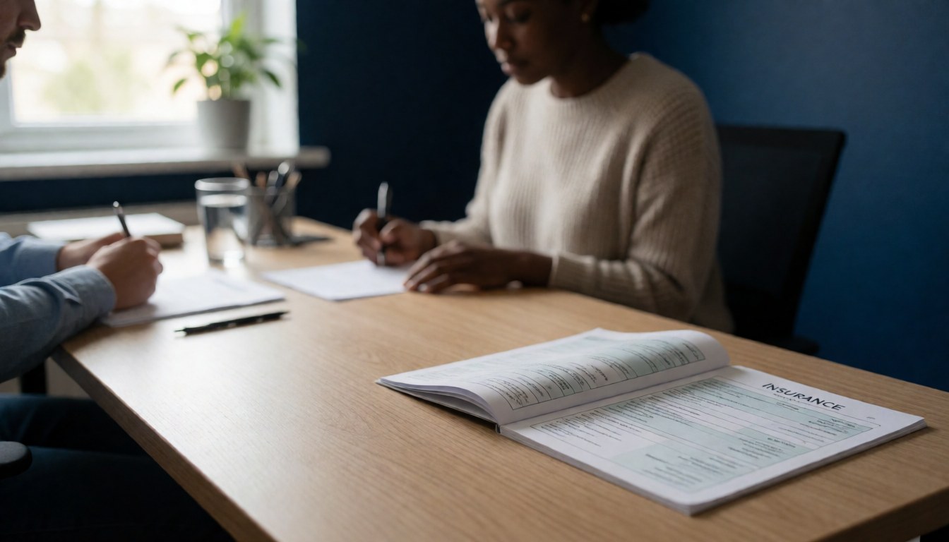 Two people signing insurance documents at a desk in an office with a dark blue wall and natural light.