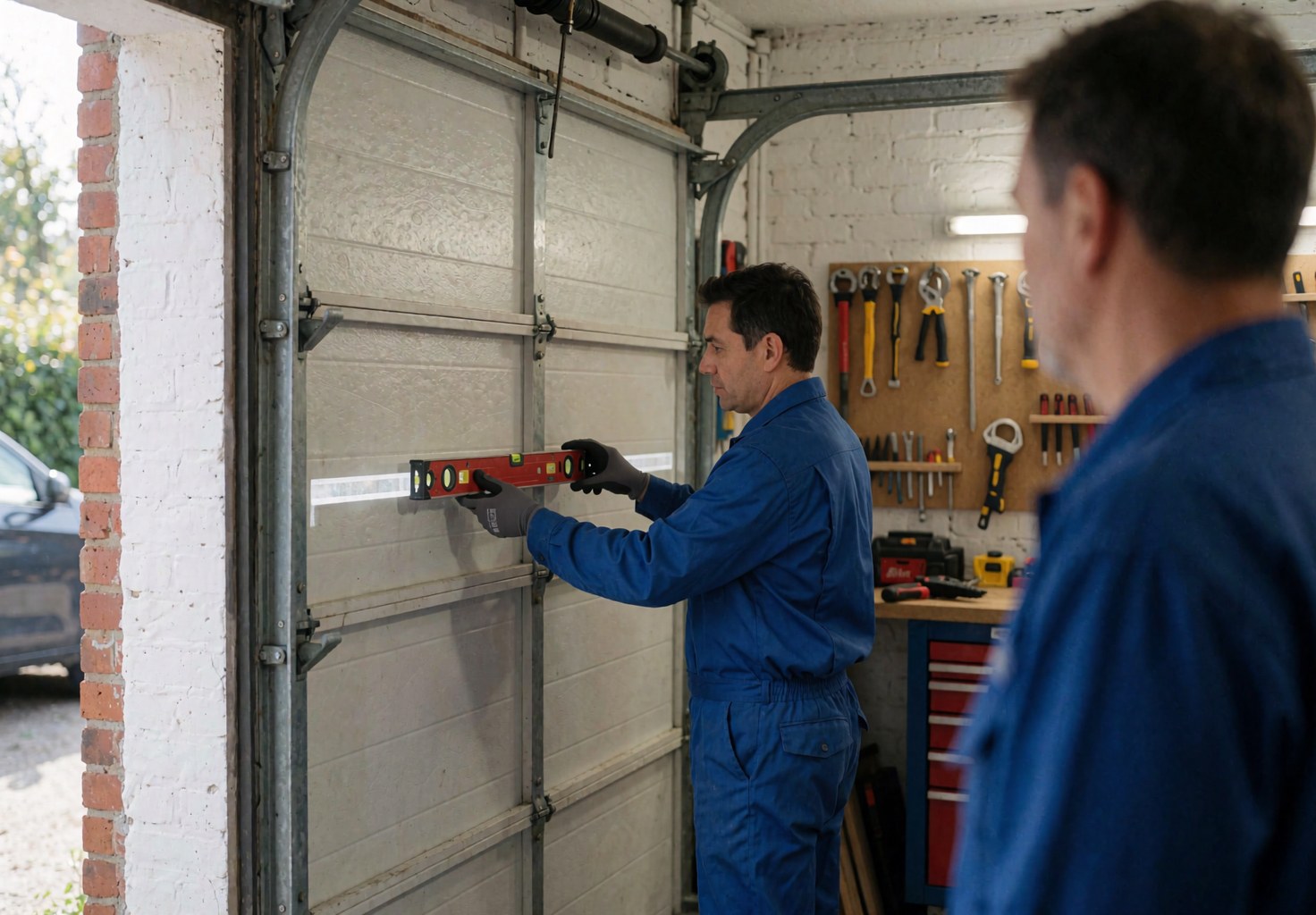 Technician in blue uniform using tools to level a garage door in a white brick wall workshop