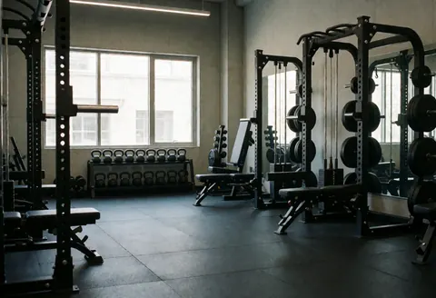 A gym interior featuring dumbbells, kettlebells, and strength structures on a black rubber floor with natural light from windows