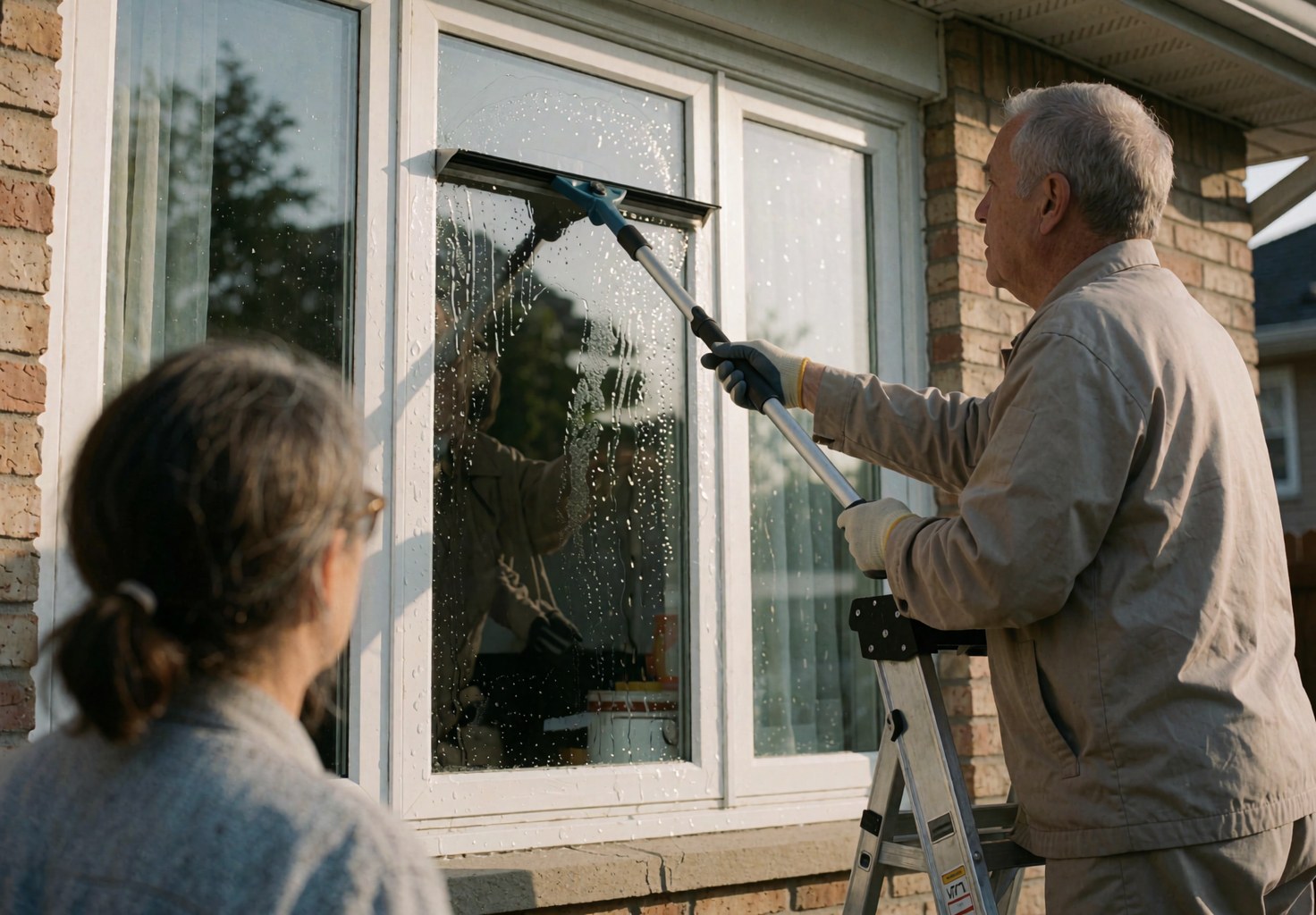 A man wearing gloves cleans a residential window with a squeegee while standing on a metal ladder.