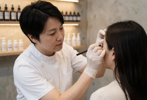 Professional applying eyebrow gel with a brush while wearing gloves, with product bottles on a shelf against a concrete wall