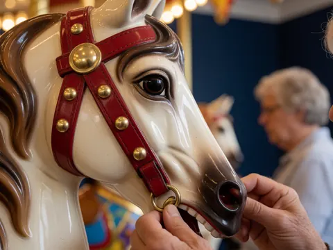 Close-up of hands adjusting a red bridle with gold rivets on a painted wooden carousel horse against a blue wall with lights.