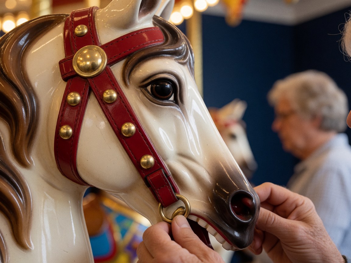 Close-up of hands adjusting a red bridle with gold rivets on a painted wooden carousel horse against a blue wall with lights.