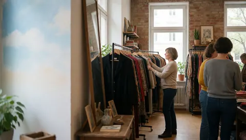 A shopper examines garments hanging on wooden racks in a boutique with exposed brick walls and natural light from windows.