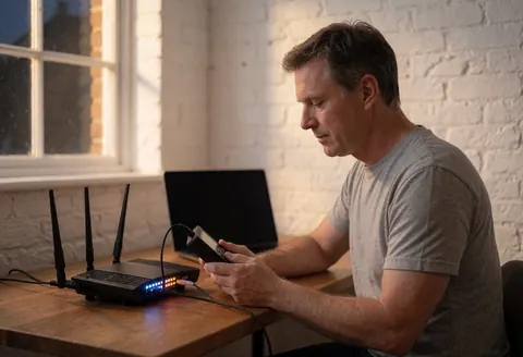 Technician checking a router with indicator lights on a wooden table against a white brick wall.