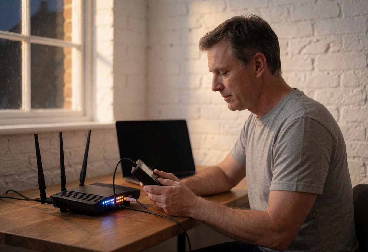 Technician checking a router with indicator lights on a wooden table against a white brick wall.