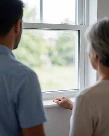 A satisfied customer and professional cleaner look at a sparkling clean window in a modern home, with the client's hand resting on the sill.