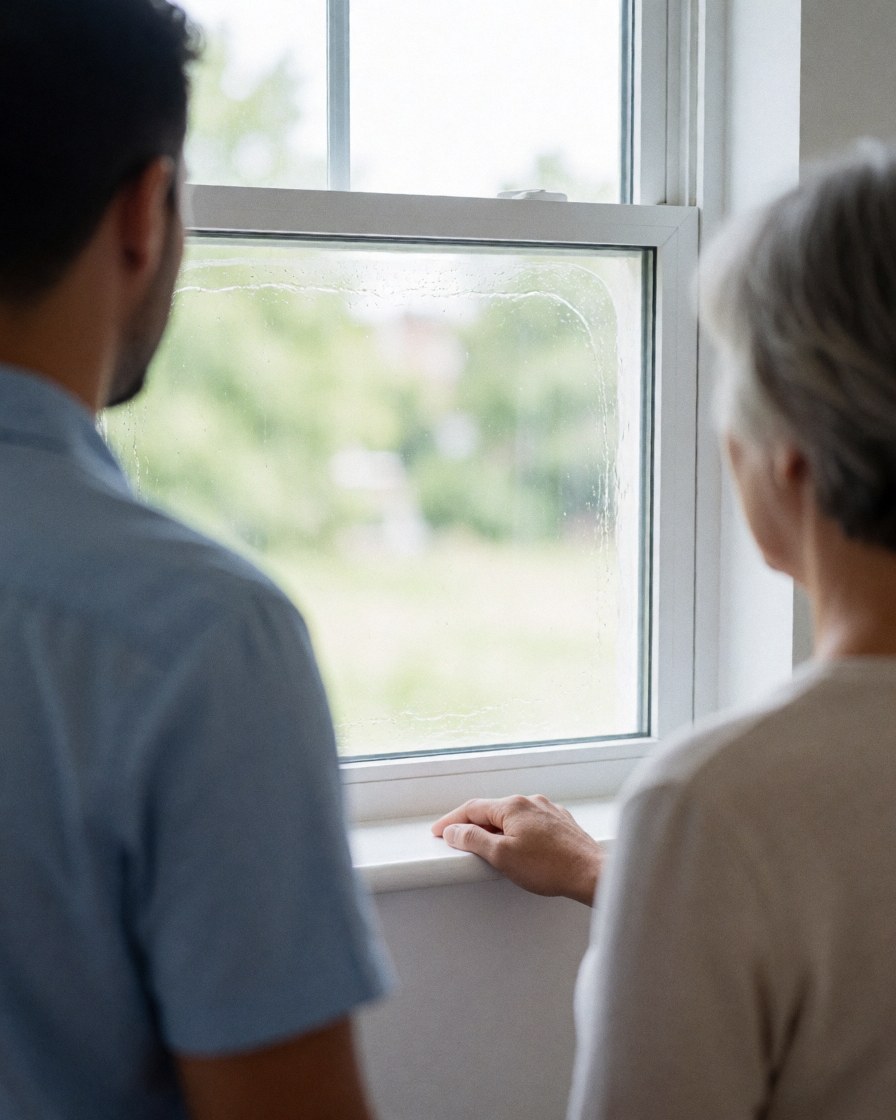 A satisfied customer and professional cleaner look at a sparkling clean window in a modern home, with the client's hand resting on the sill.