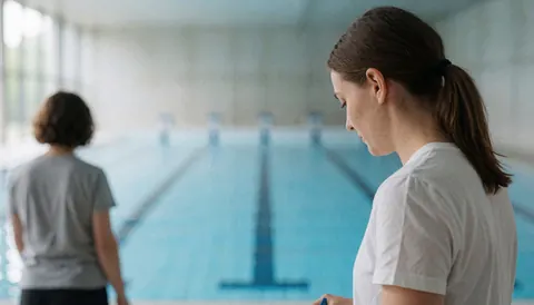 A swimming coach watches athletes train in an indoor pool with lane lines and blue water.