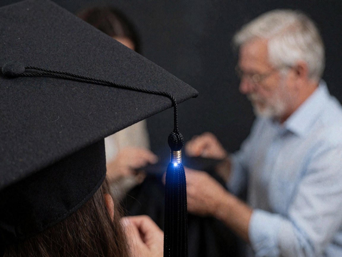 Close-up of a blue-lit tassel on a black graduation cap with hands adjusting it against a dark background.