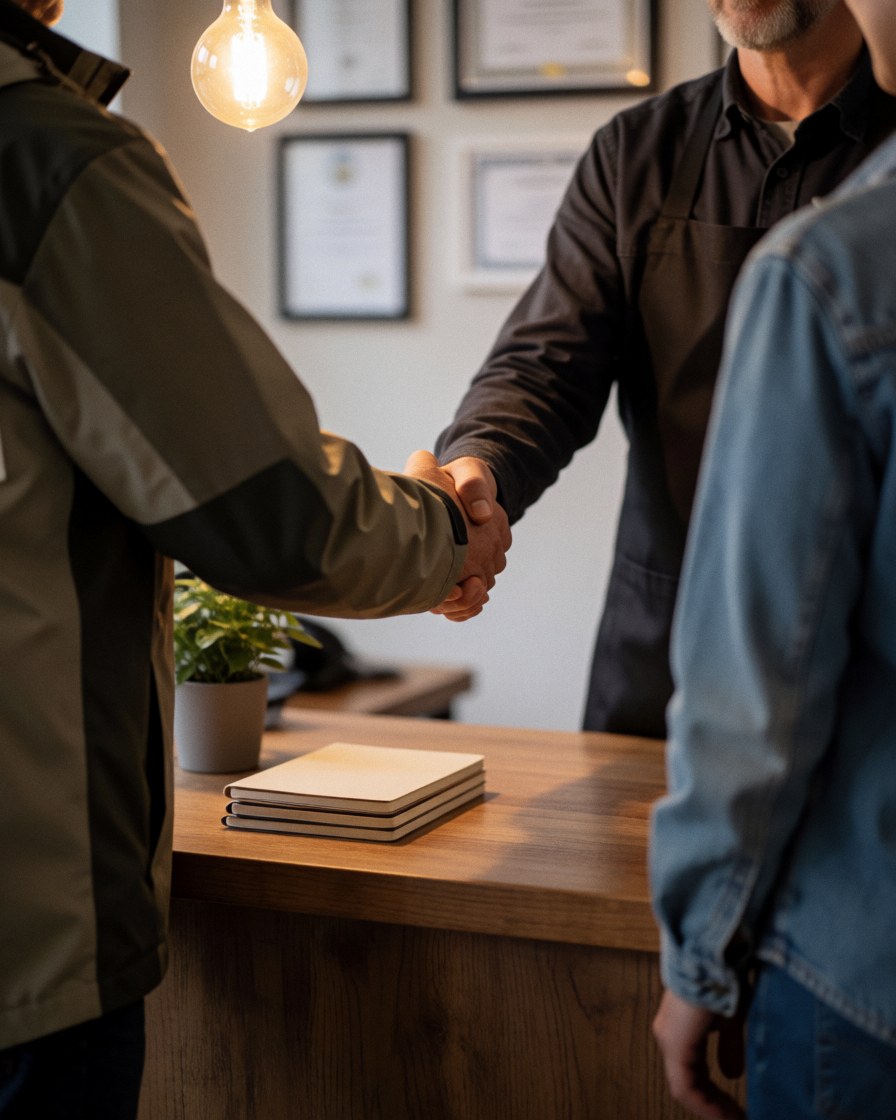 A motorcycle repair technician shakes hands with a satisfied client in a workshop featuring wooden tables and wall certificates.