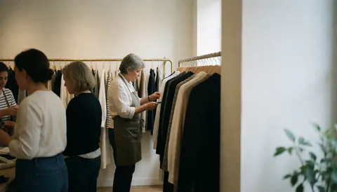 A sales associate wearing an apron adjusts garments on a rack while customers browse nearby in a well-lit retail space with copy area.