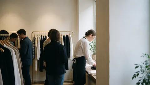 A saleswoman attends to customers at a retail counter in a clothing store with garments hanging nearby and natural lighting.