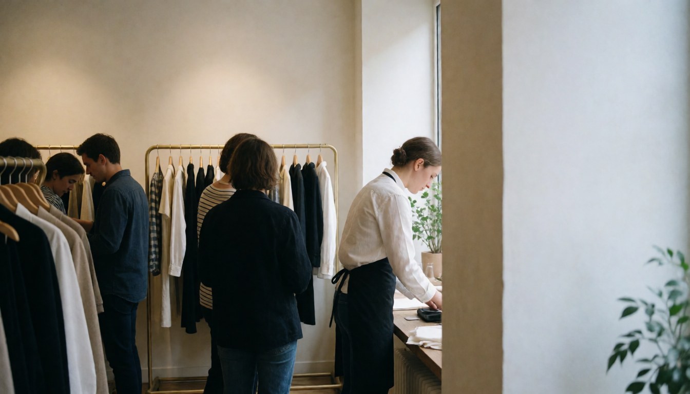 A saleswoman attends to customers at a retail counter in a clothing store with garments hanging nearby and natural lighting.