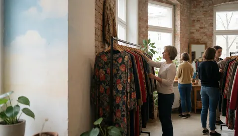 A customer examines vintage garments hanging in a boutique with exposed brick walls and natural light from large windows.