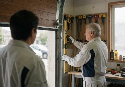 Technician uses a level to adjust garage door rails in a workshop with tools on the wall