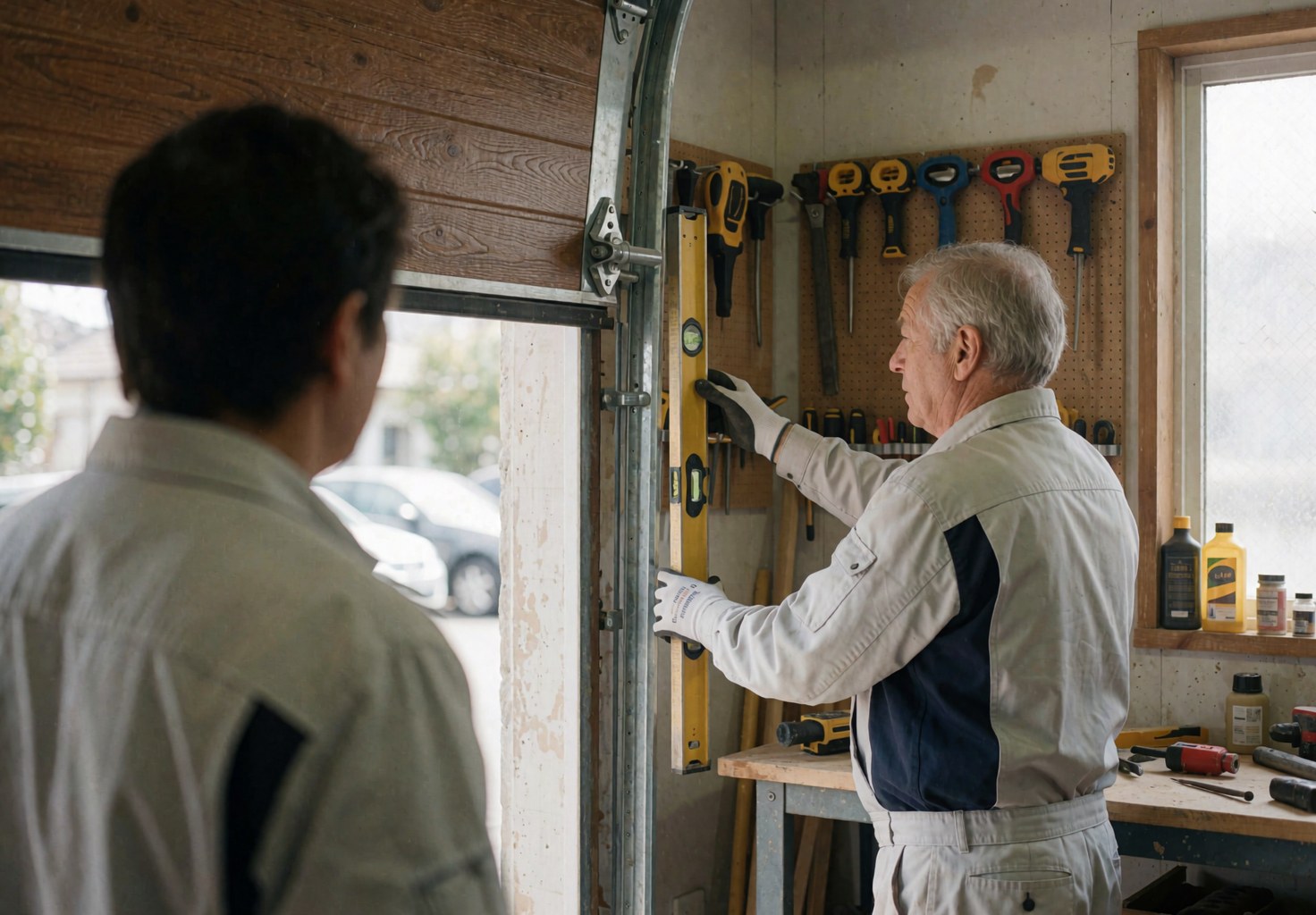Technician uses a level to adjust garage door rails in a workshop with tools on the wall
