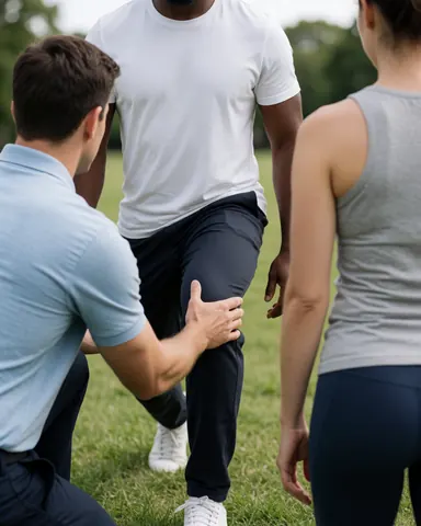 Personal trainer adjusting a client's knee position during an outdoor workout session on green grass.