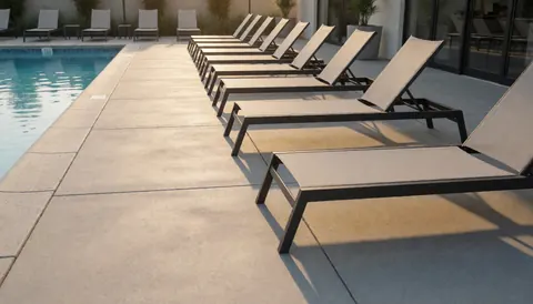 Empty lounge chairs lined up beside a clear swimming pool with long shadows on polished concrete, ideal for a public pool website cover.