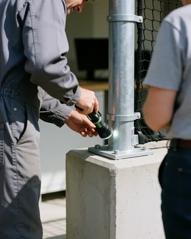 A technician in a gray uniform uses a flashlight to inspect a metal tennis net post while a client observes during court installation.