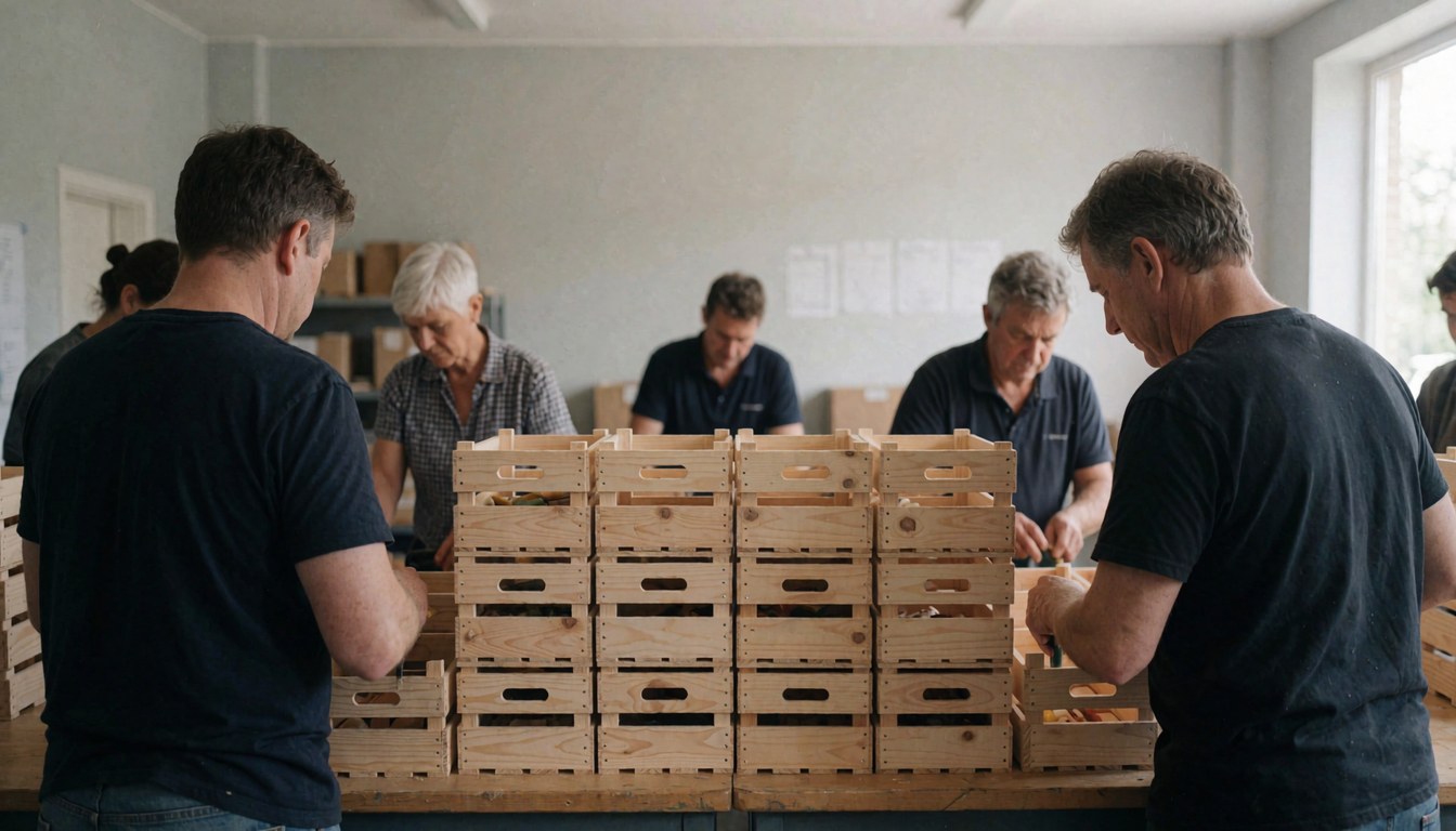 Workers packing wooden boxes in a logistics warehouse with gray walls and natural light.