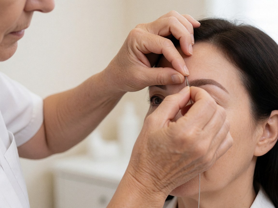 Close-up view of an esthetician using threading technique to shape a client's eyebrows in a bright treatment room.