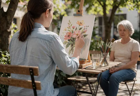 A woman paints flowers on a canvas at an outdoor easel while an older woman sits nearby watching.