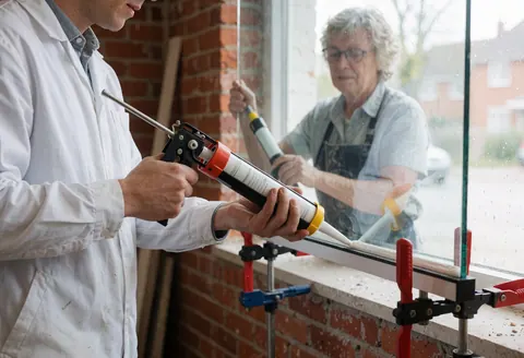 A technician in a white uniform applies white silicone sealant to a window frame using pliers against a red brick wall while another person observes.
