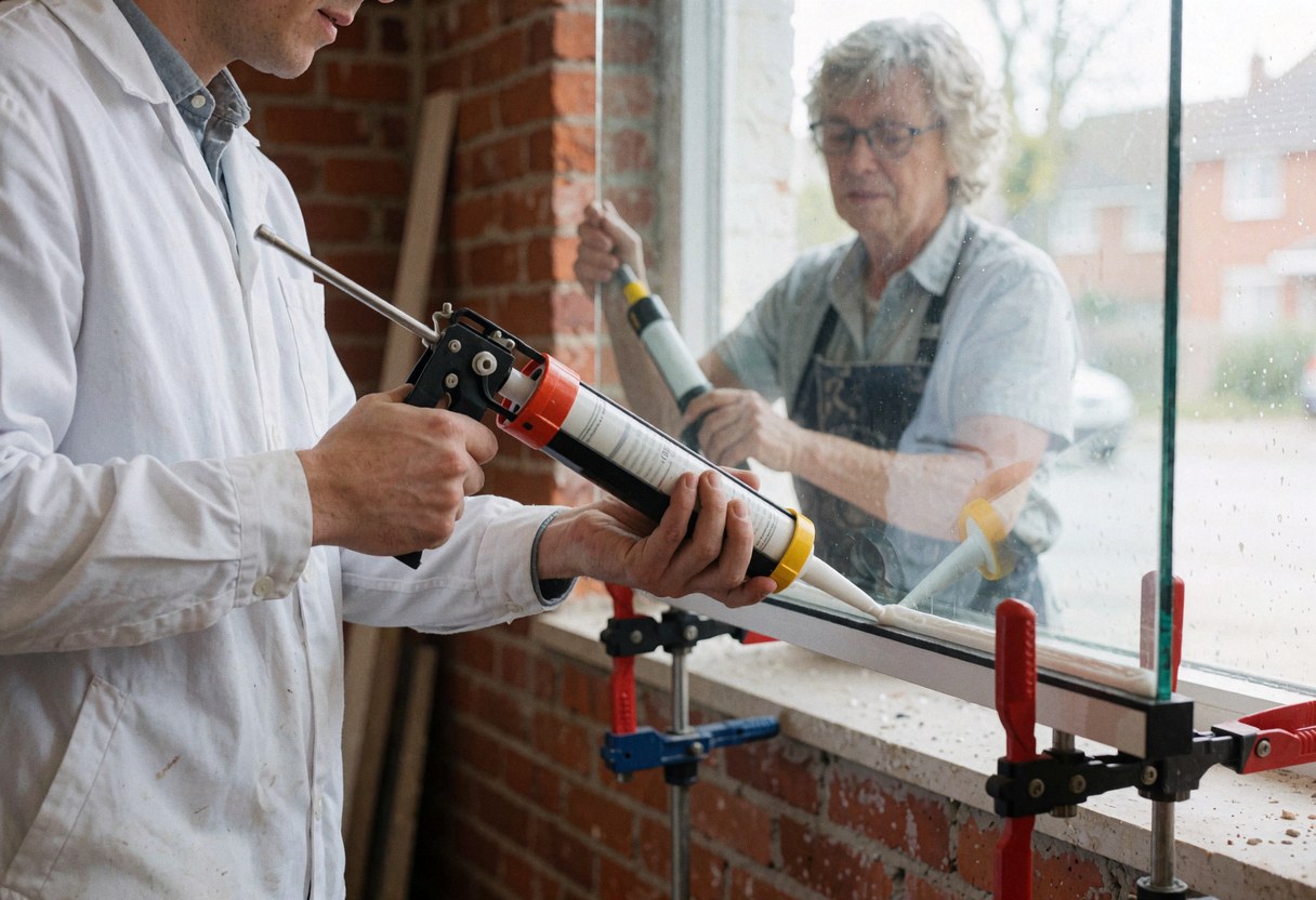 A technician in a white uniform applies white silicone sealant to a window frame using pliers against a red brick wall while another person observes.