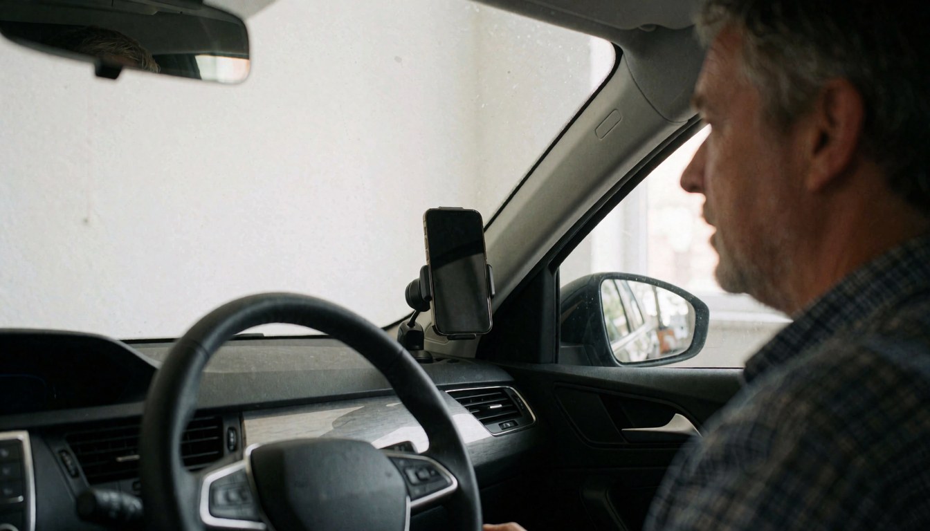 Close-up view of a smartphone secured by a magnetic mount attached to a car's air conditioning vent with steering wheel visible in background